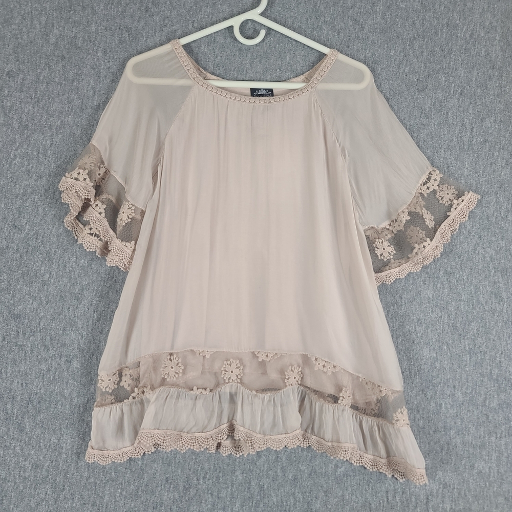 NEW Le Marais Paris Silk Lace Blouse Tunic Top Pale Pink Large